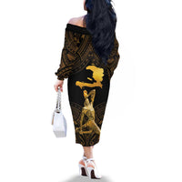 Haitian Negre Marron 1804 Family Matching Off The Shoulder Long Sleeve Dress and Hawaiian Shirt Gold Polynesian Pattern LT9 - Polynesian Pride