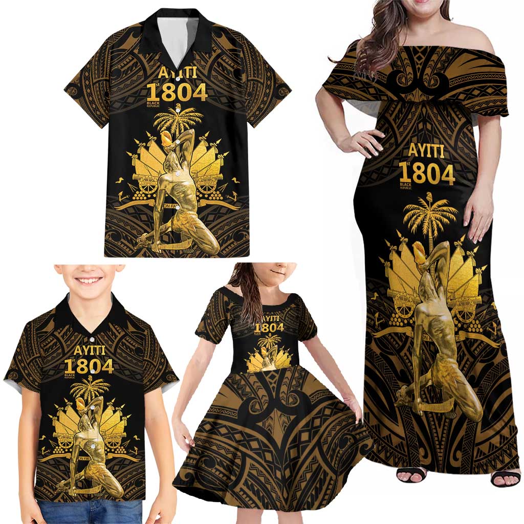 Haitian Negre Marron 1804 Family Matching Off Shoulder Maxi Dress and Hawaiian Shirt Gold Polynesian Pattern LT9 - Polynesian Pride