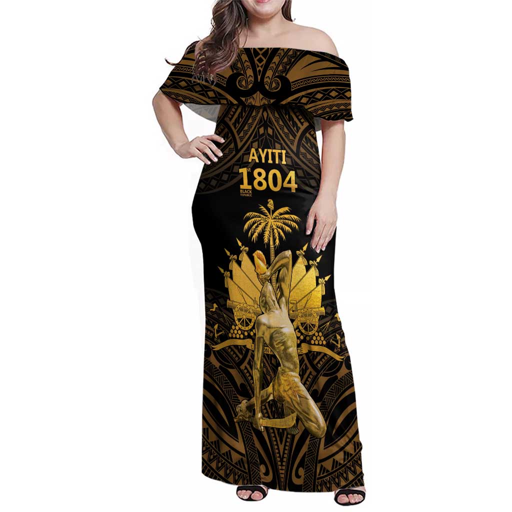 Haitian Negre Marron 1804 Family Matching Off Shoulder Maxi Dress and Hawaiian Shirt Gold Polynesian Pattern LT9 Mom's Dress Gold - Polynesian Pride