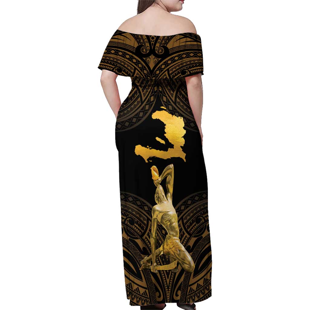 Haitian Negre Marron 1804 Family Matching Off Shoulder Maxi Dress and Hawaiian Shirt Gold Polynesian Pattern LT9 - Polynesian Pride