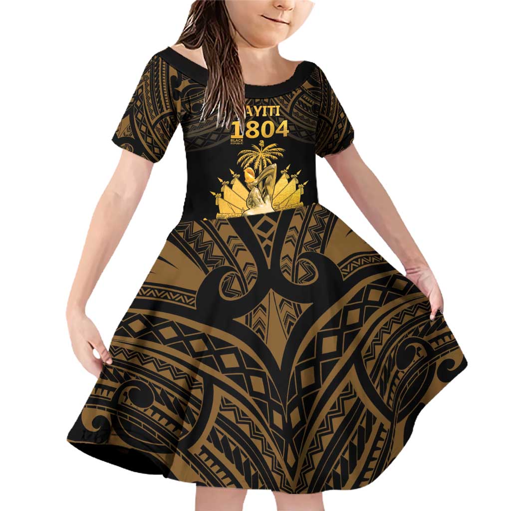 Haitian Negre Marron 1804 Family Matching Off Shoulder Short Dress and Hawaiian Shirt Gold Polynesian Pattern LT9 Daughter's Dress Gold - Polynesian Pride
