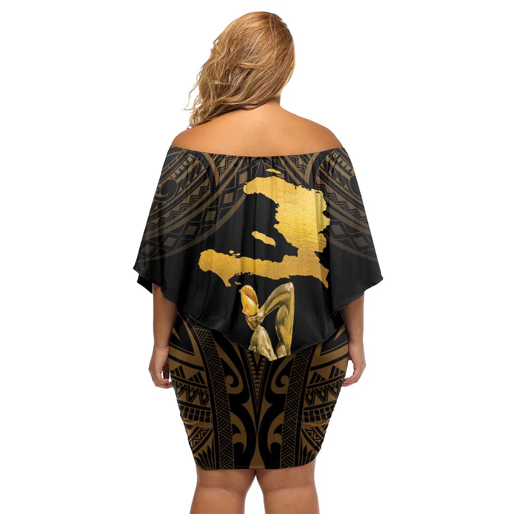 Haitian Negre Marron 1804 Family Matching Off Shoulder Short Dress and Hawaiian Shirt Gold Polynesian Pattern LT9 - Polynesian Pride