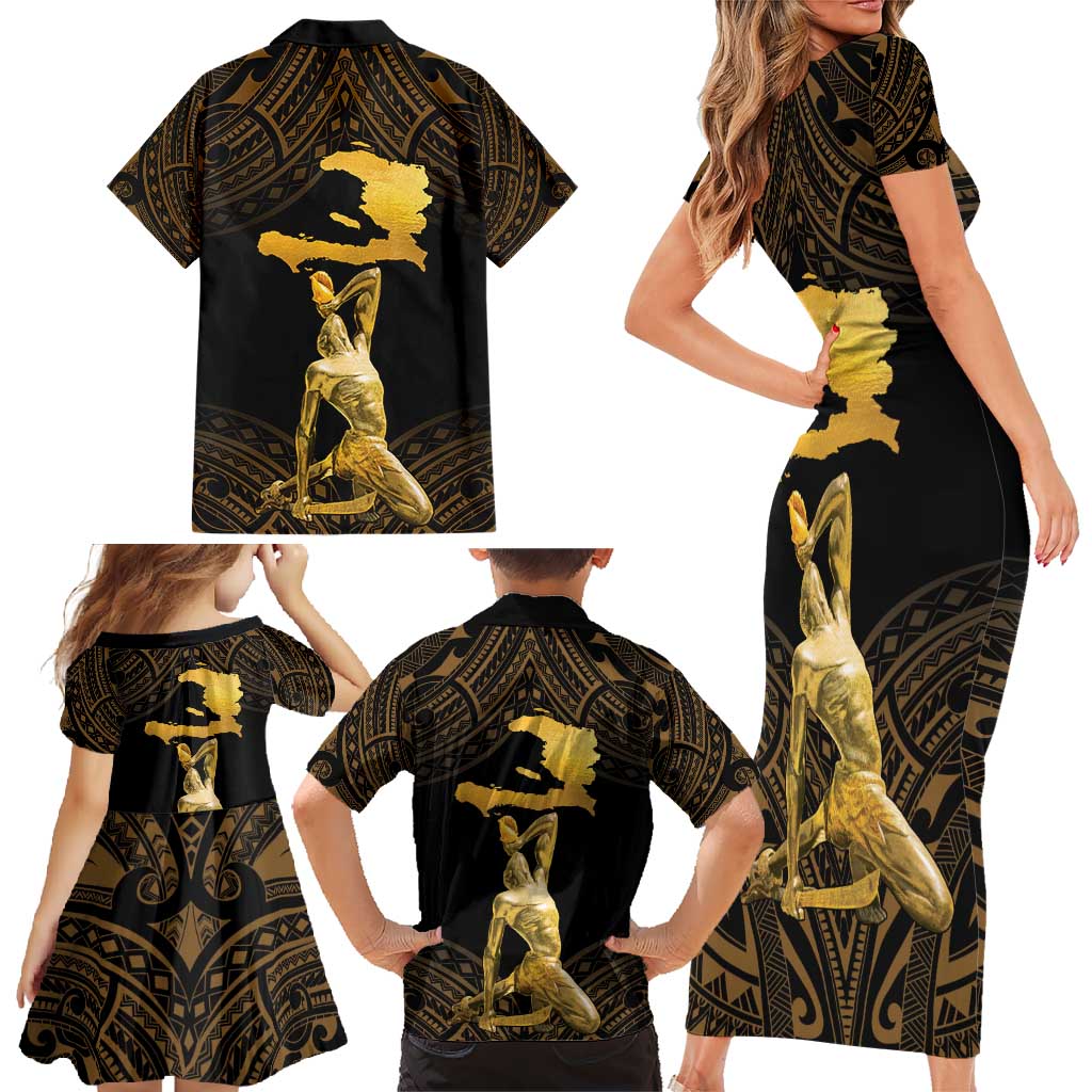Haitian Negre Marron 1804 Family Matching Short Sleeve Bodycon Dress and Hawaiian Shirt Gold Polynesian Pattern LT9 - Polynesian Pride