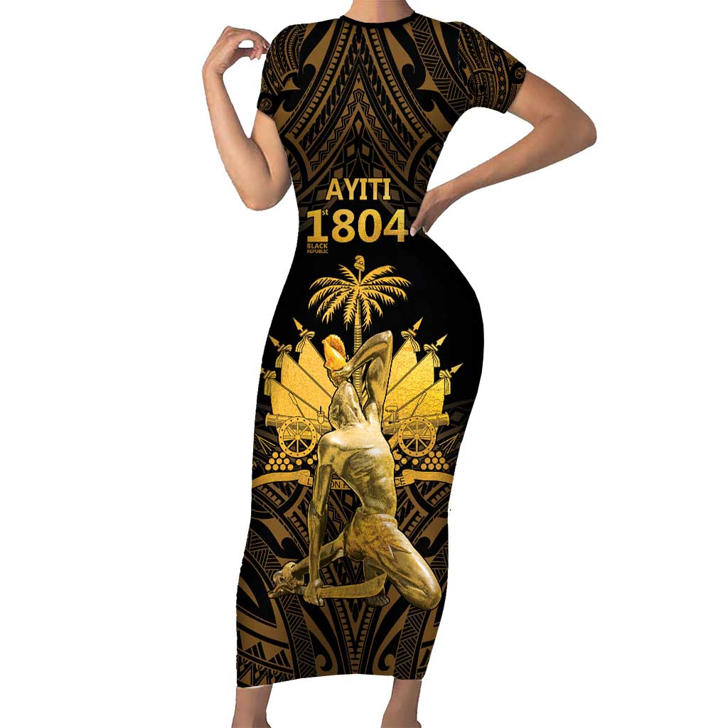 Haitian Negre Marron 1804 Family Matching Short Sleeve Bodycon Dress and Hawaiian Shirt Gold Polynesian Pattern LT9 Mom's Dress Gold - Polynesian Pride