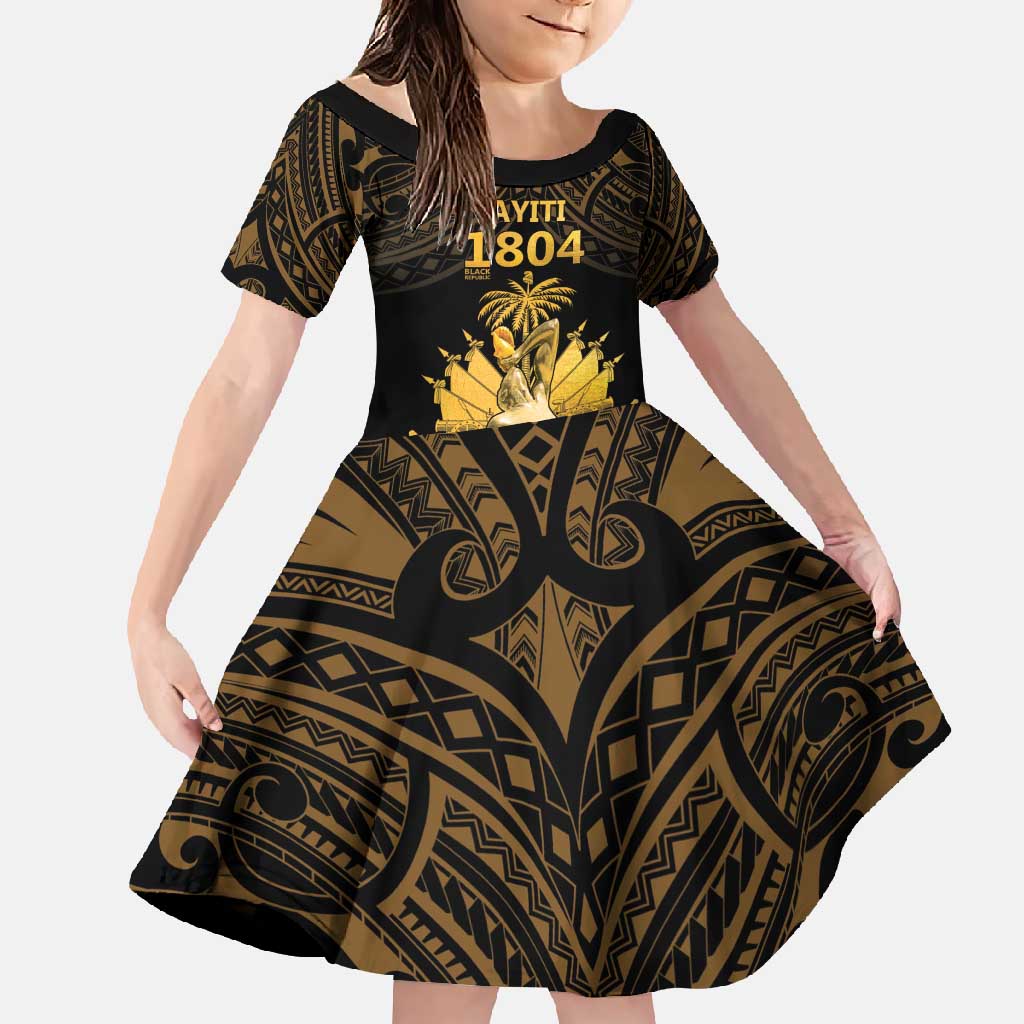 Haitian Negre Marron 1804 Family Matching Summer Maxi Dress and Hawaiian Shirt Gold Polynesian Pattern LT9 Daughter's Dress Gold - Polynesian Pride