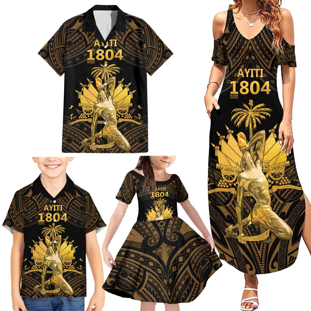 Haitian Negre Marron 1804 Family Matching Summer Maxi Dress and Hawaiian Shirt Gold Polynesian Pattern LT9 - Polynesian Pride