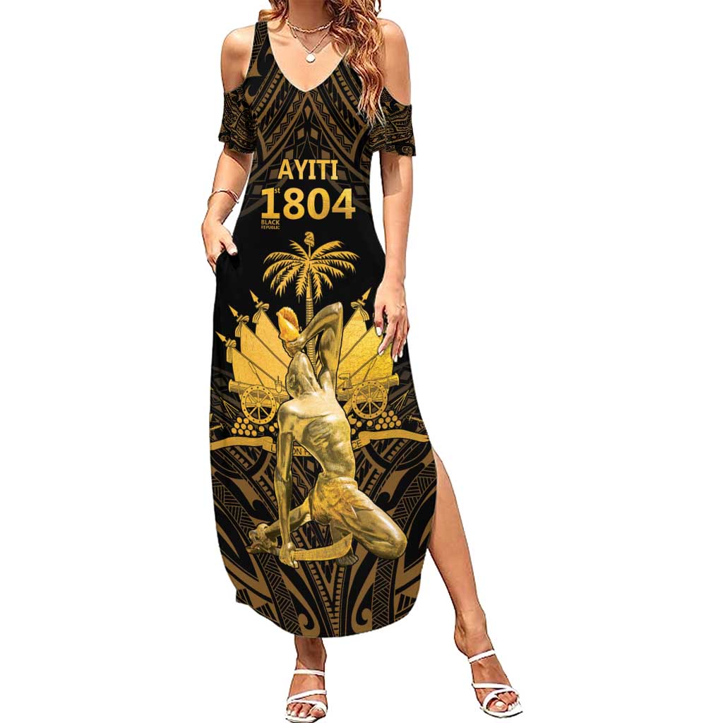 Haitian Negre Marron 1804 Family Matching Summer Maxi Dress and Hawaiian Shirt Gold Polynesian Pattern LT9 Mom's Dress Gold - Polynesian Pride