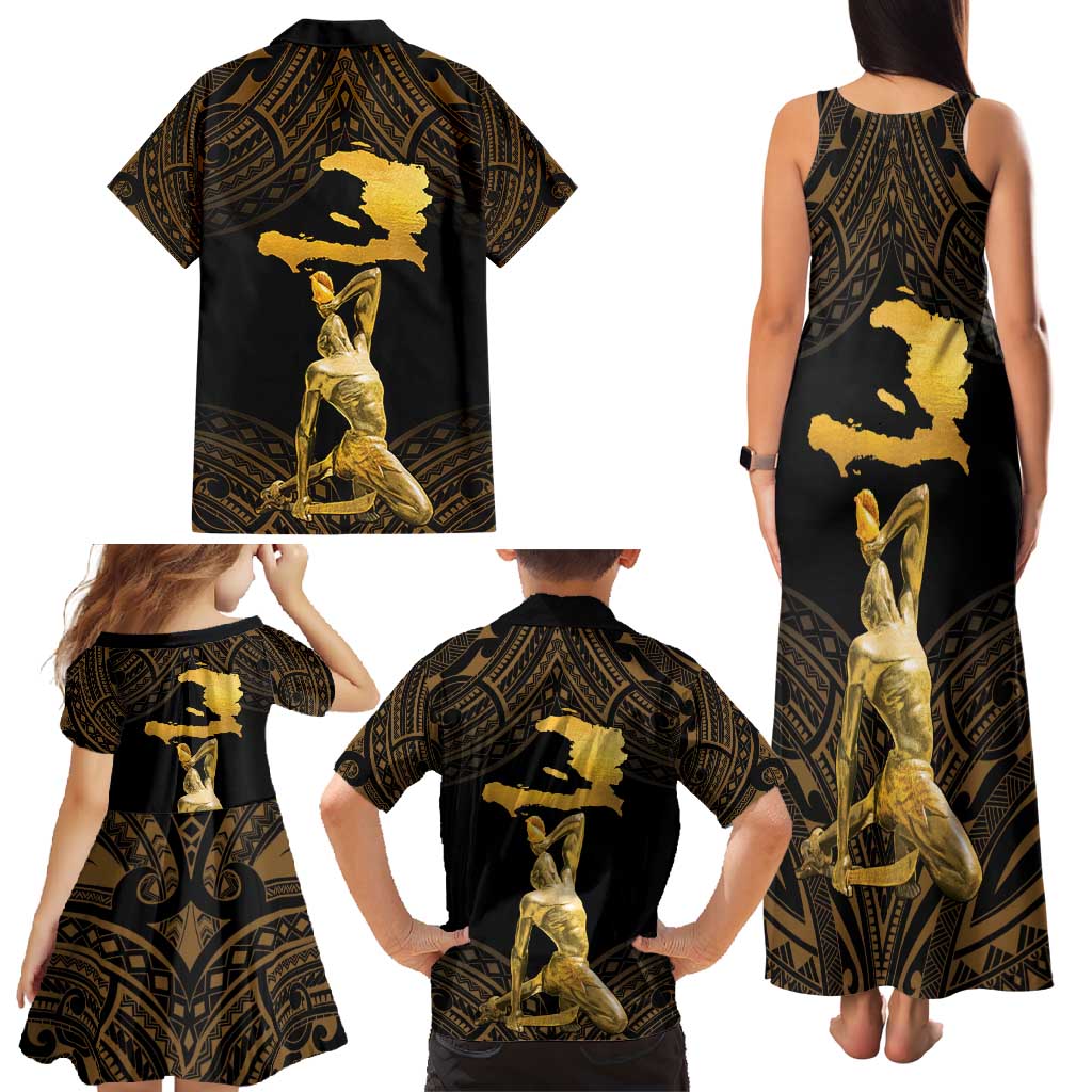 Haitian Negre Marron 1804 Family Matching Tank Maxi Dress and Hawaiian Shirt Gold Polynesian Pattern LT9 - Polynesian Pride
