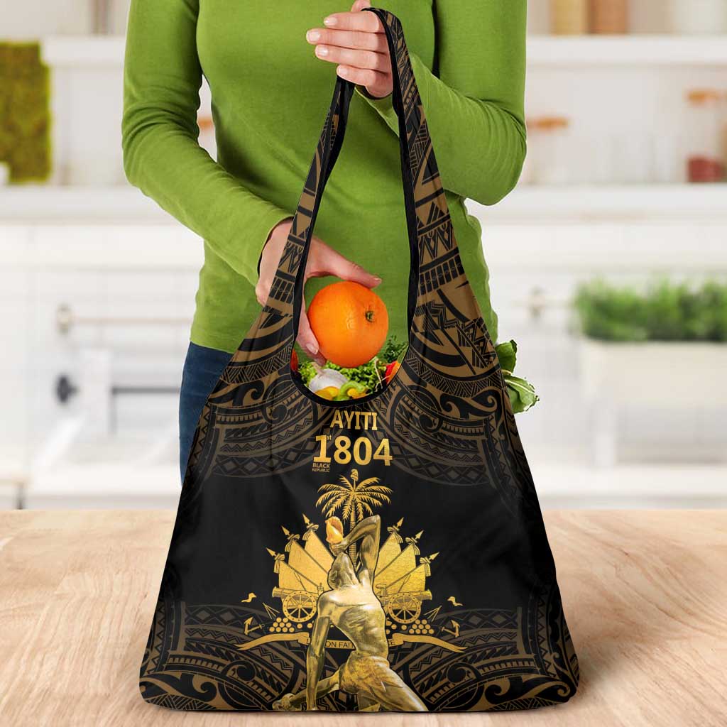 Haitian Negre Marron 1804 Grocery Bag Gold Polynesian Pattern