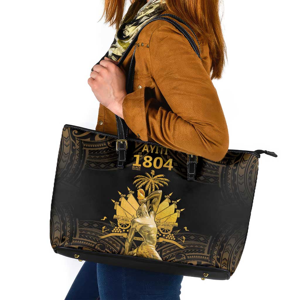 Haitian Negre Marron 1804 Leather Tote Bag Gold Polynesian Pattern LT9 Gold - Polynesian Pride