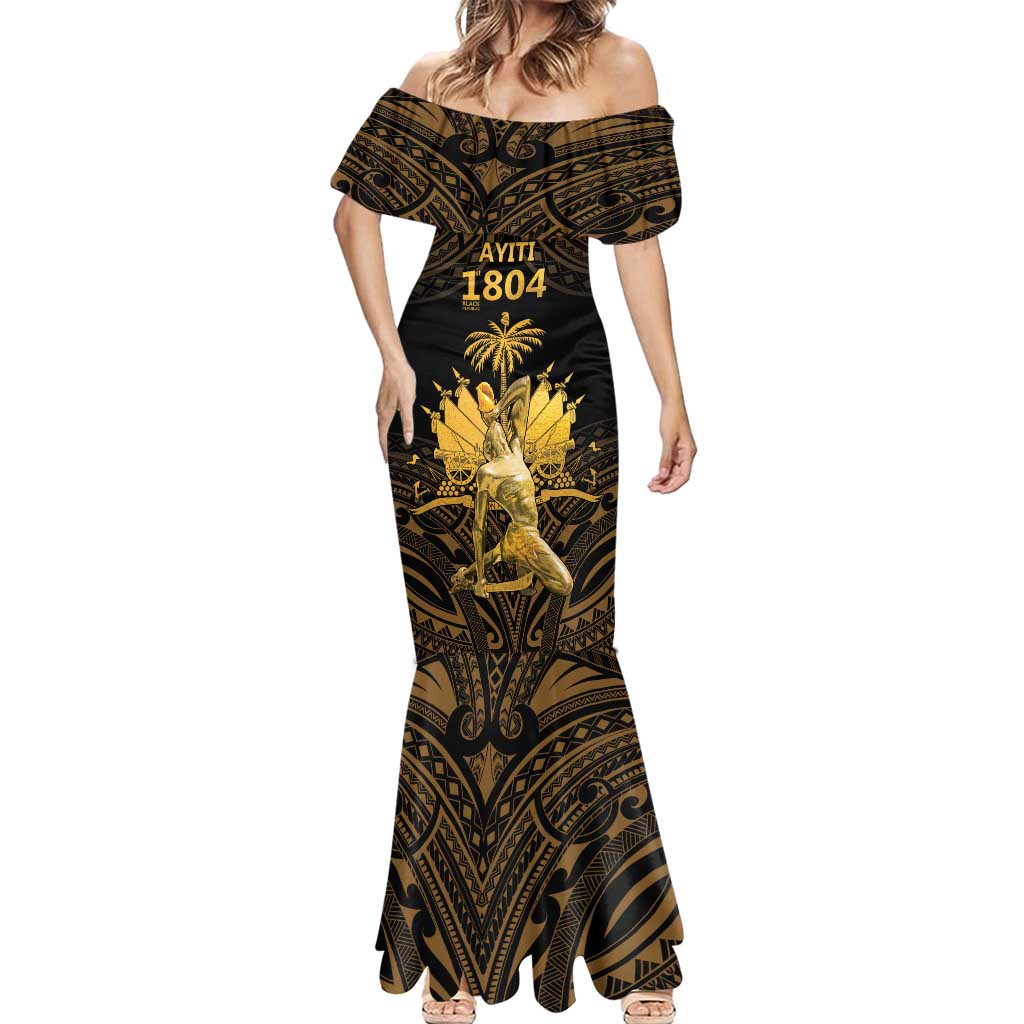 Haitian Negre Marron 1804 Mermaid Dress Gold Polynesian Pattern LT9 - Polynesian Pride