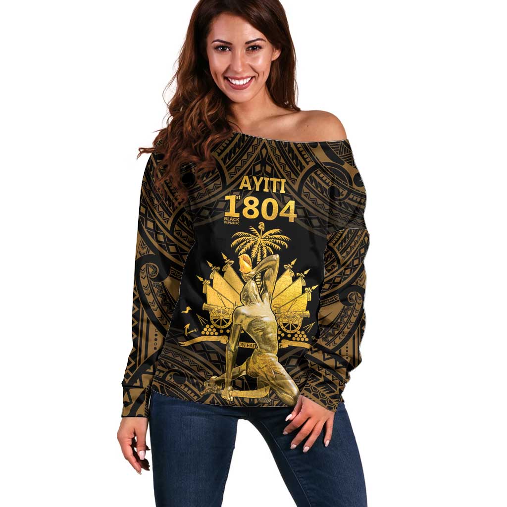 Haitian Negre Marron 1804 Off Shoulder Sweater Gold Polynesian Pattern LT9 Women Gold - Polynesian Pride