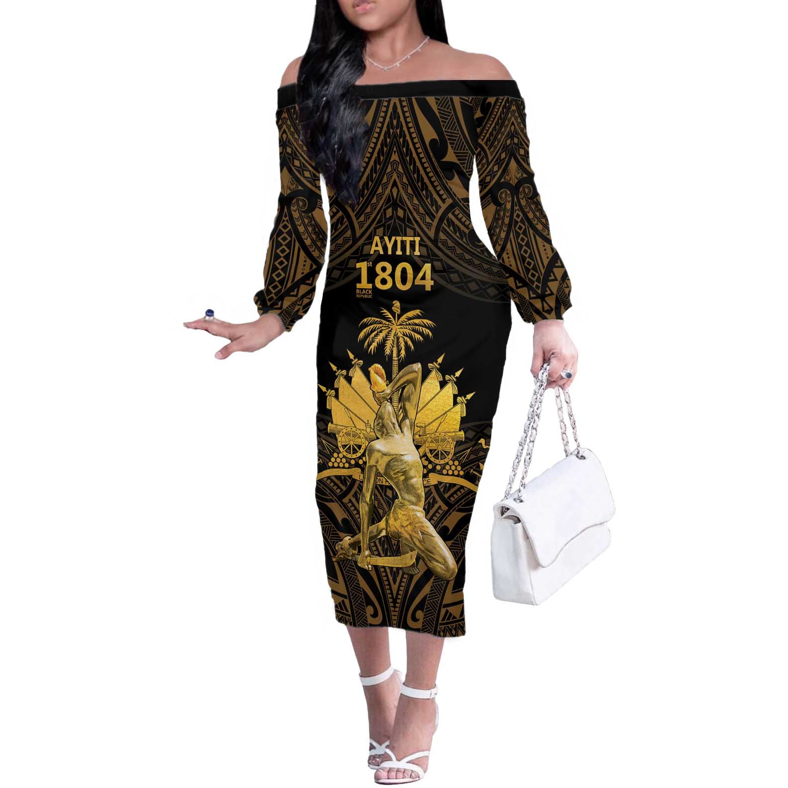 Haitian Negre Marron 1804 Off The Shoulder Long Sleeve Dress Gold Polynesian Pattern LT9 Women Gold - Polynesian Pride