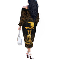 Haitian Negre Marron 1804 Off The Shoulder Long Sleeve Dress Gold Polynesian Pattern