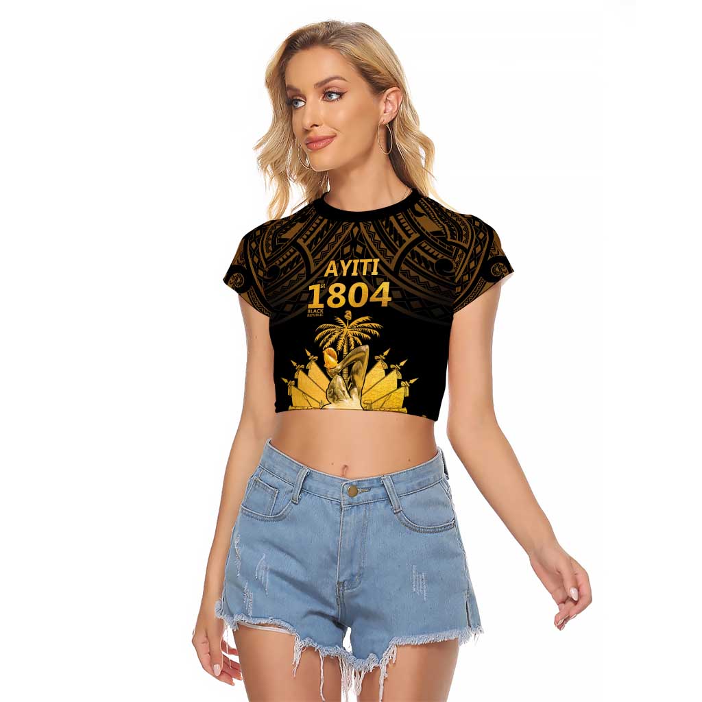 Haitian Negre Marron 1804 Raglan Cropped T Shirt Gold Polynesian Pattern