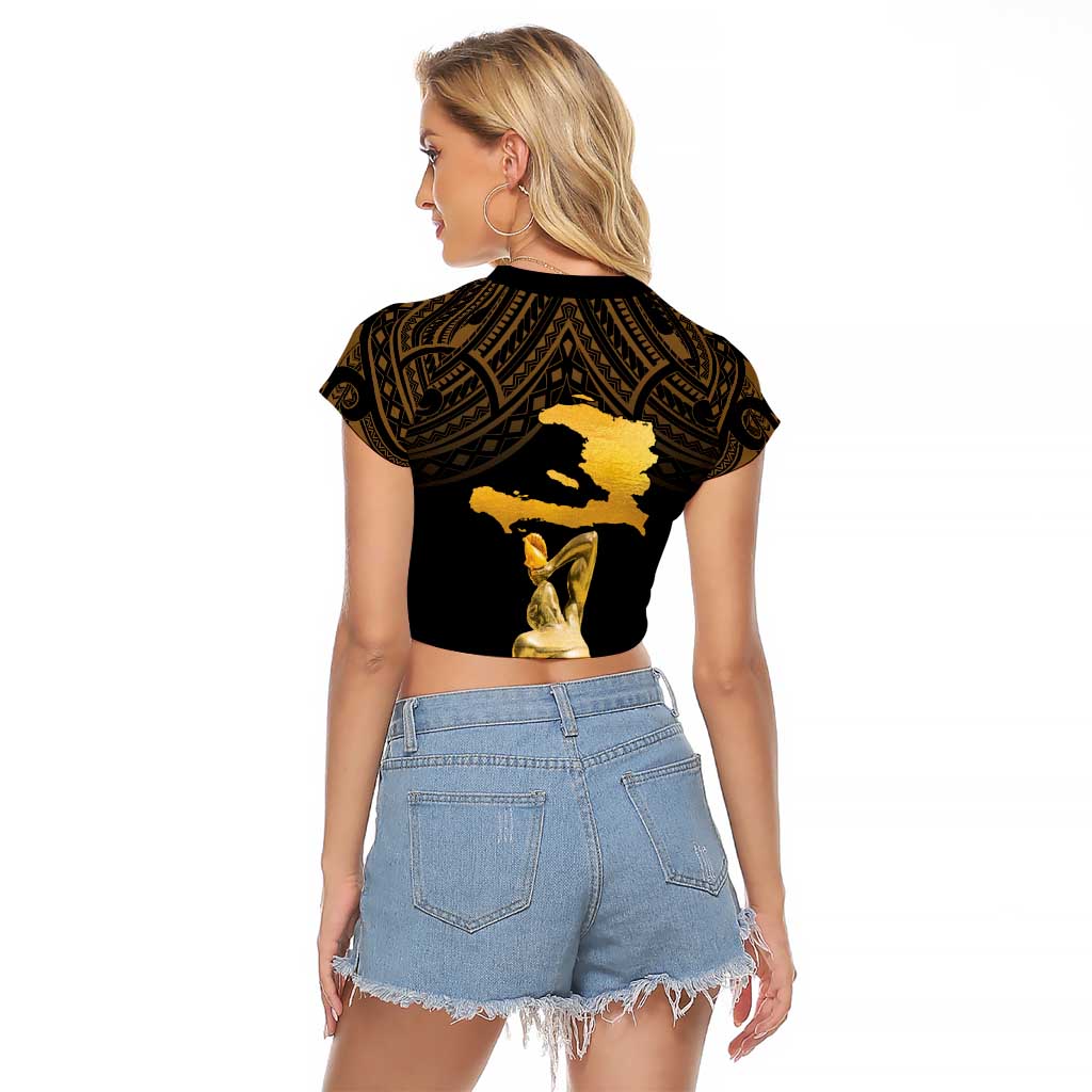 Haitian Negre Marron 1804 Raglan Cropped T Shirt Gold Polynesian Pattern