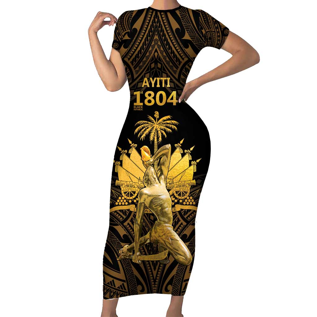 Haitian Negre Marron 1804 Short Sleeve Bodycon Dress Gold Polynesian Pattern LT9 Long Dress Gold - Polynesian Pride