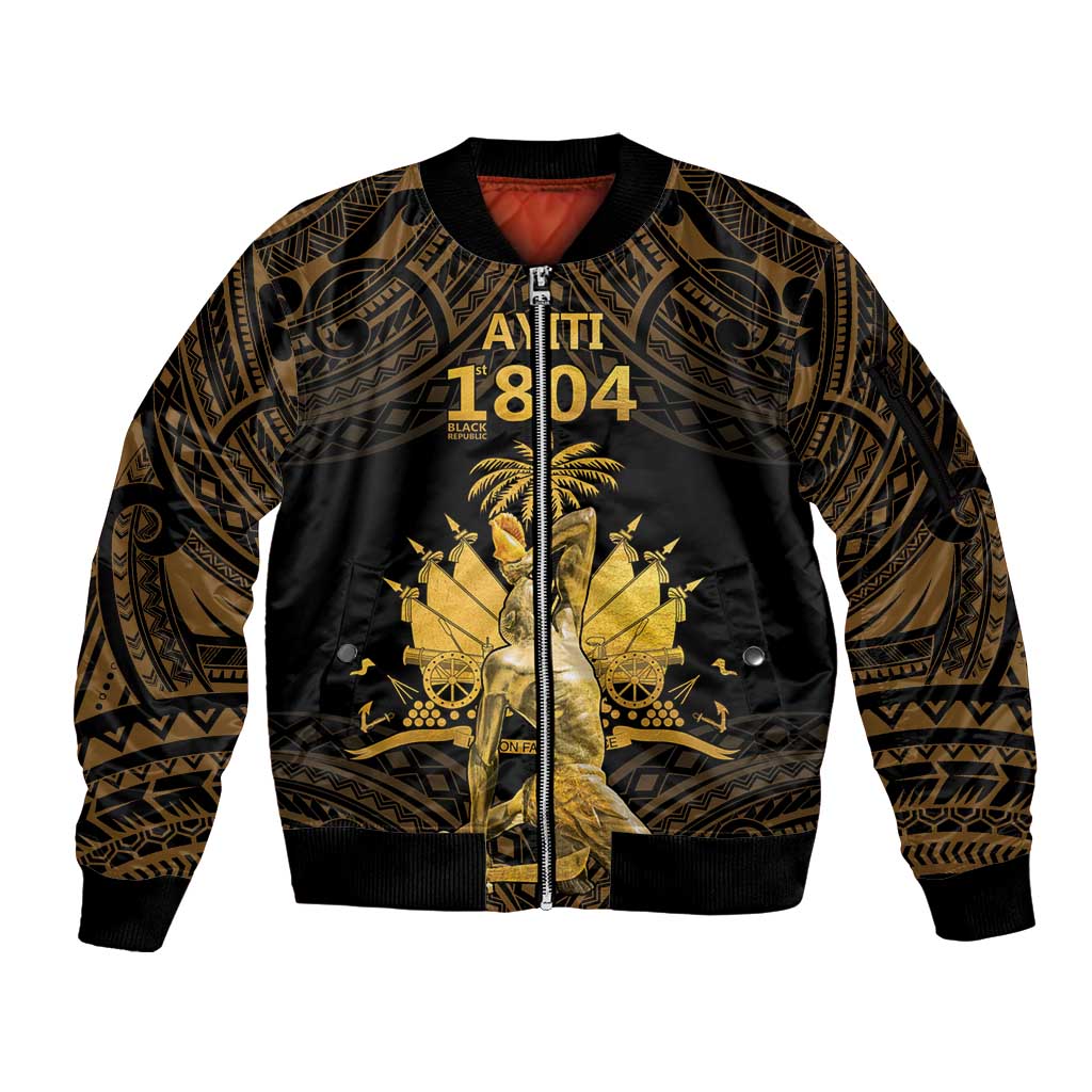 Haitian Negre Marron 1804 Sleeve Zip Bomber Jacket Gold Polynesian Pattern LT9 Unisex Gold - Polynesian Pride