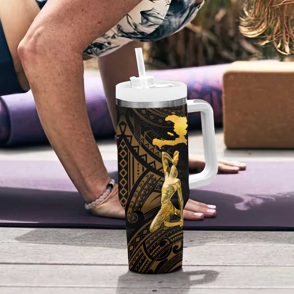 Haitian Negre Marron 1804 Tumbler With Handle Gold Polynesian Pattern