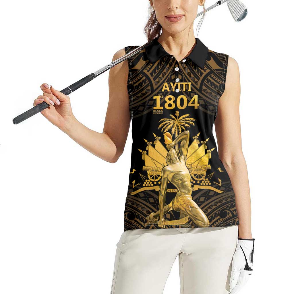 Haitian Negre Marron 1804 Women Sleeveless Polo Shirt Gold Polynesian Pattern