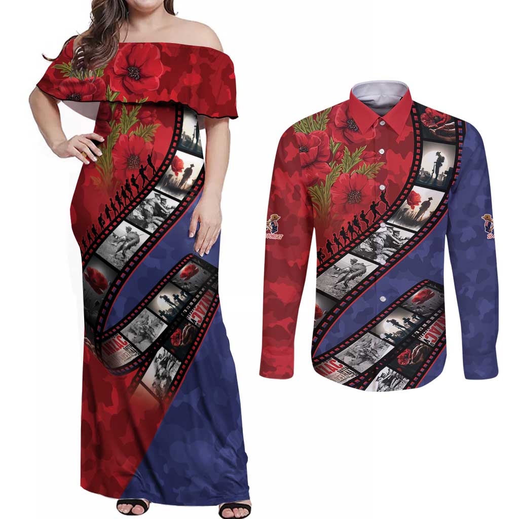 Personalised ANZAC Spirit 1915-2026 Filmstrip Tribute Couples Matching Off Shoulder Maxi Dress and Long Sleeve Button Shirt Lest We Forget 25 April LT9 Red - Polynesian Pride
