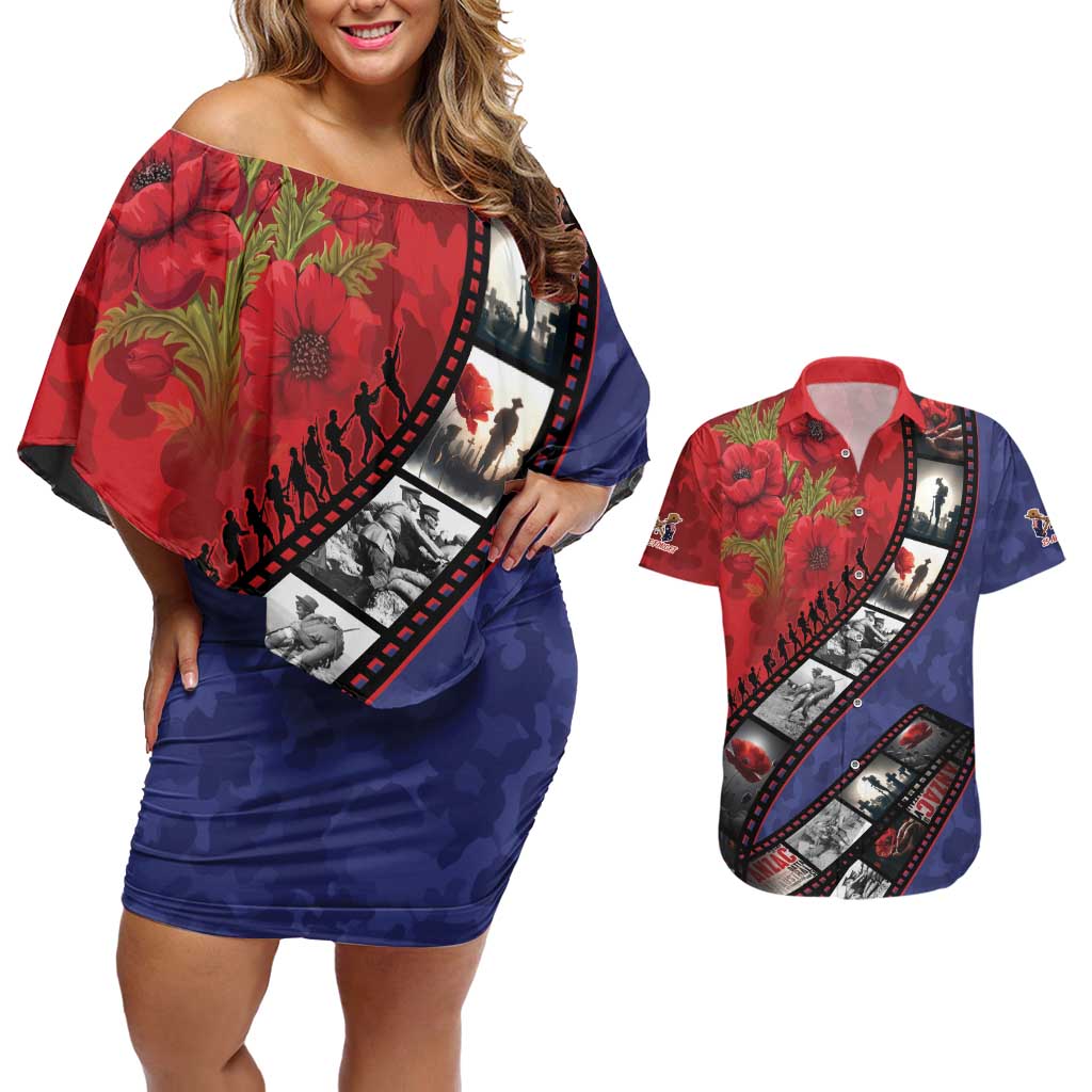 Personalised ANZAC Spirit 1915-2026 Filmstrip Tribute Couples Matching Off Shoulder Short Dress and Hawaiian Shirt Lest We Forget 25 April LT9 Red - Polynesian Pride