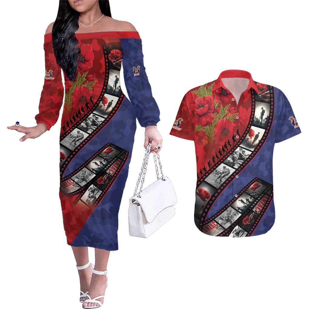 Personalised ANZAC Spirit 1915-2026 Filmstrip Tribute Couples Matching Off The Shoulder Long Sleeve Dress and Hawaiian Shirt Lest We Forget 25 April