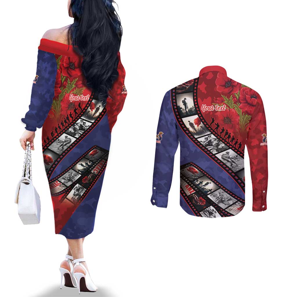 Personalised ANZAC Spirit 1915-2026 Filmstrip Tribute Couples Matching Off The Shoulder Long Sleeve Dress and Long Sleeve Button Shirt Lest We Forget 25 April LT9 - Polynesian Pride