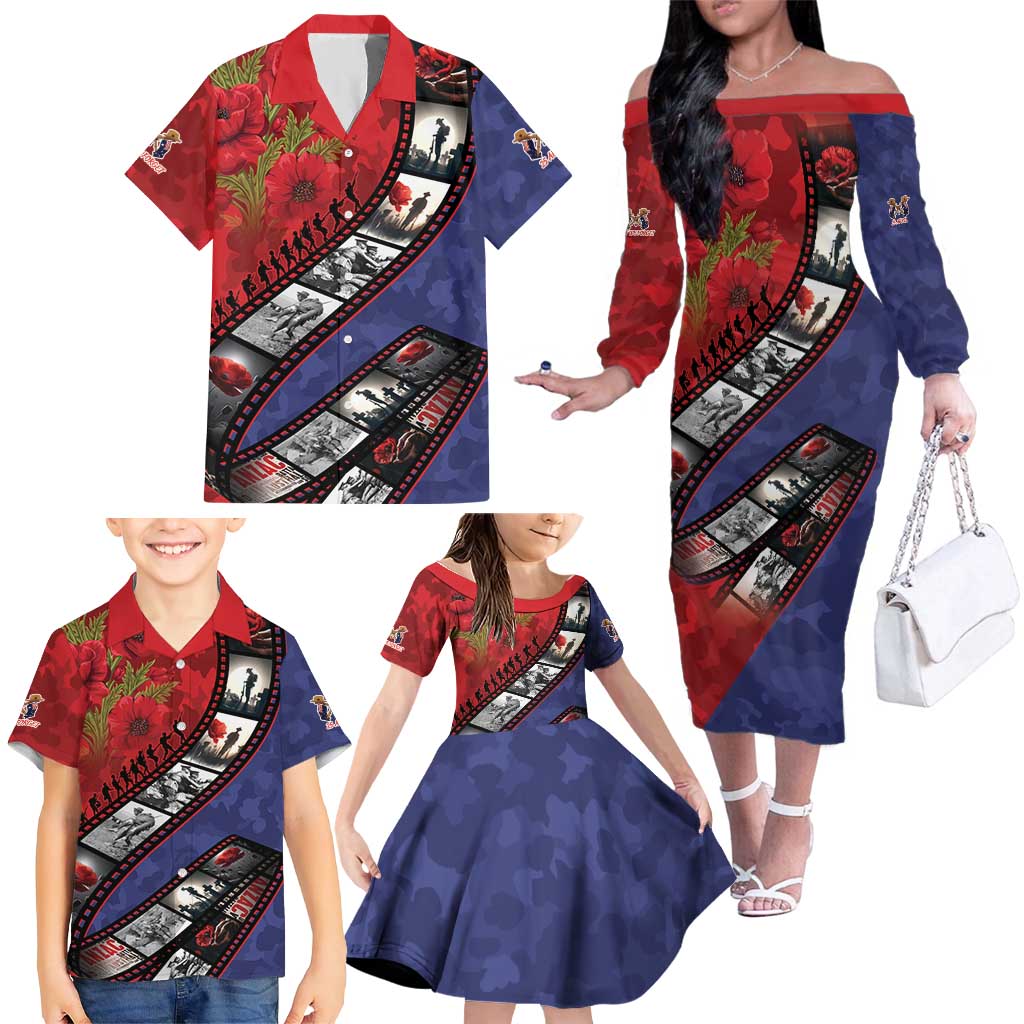Personalised ANZAC Spirit 1915-2026 Filmstrip Tribute Family Matching Off The Shoulder Long Sleeve Dress and Hawaiian Shirt Lest We Forget 25 April