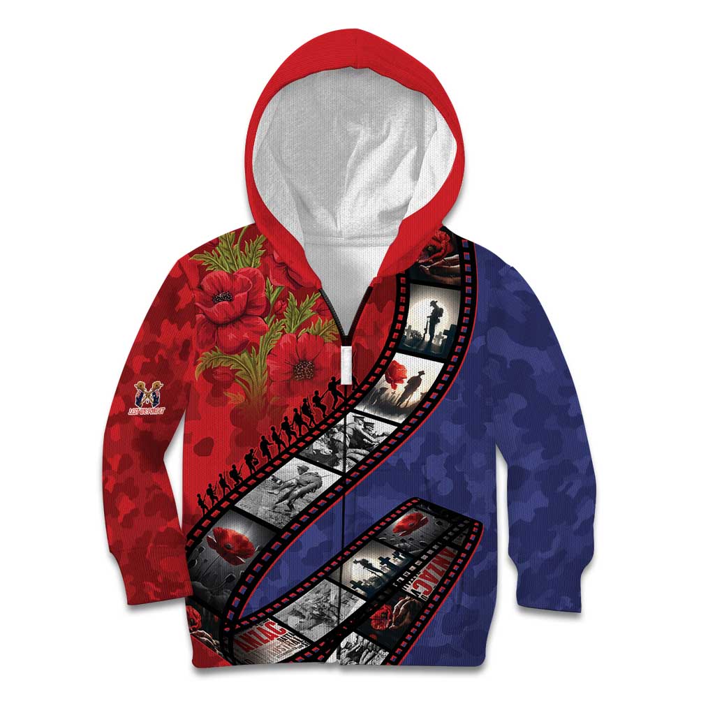 Personalised ANZAC Spirit 1915-2026 Filmstrip Tribute Kid Hoodie Lest We Forget 25 April LT9 Zip Hoodie Red - Polynesian Pride