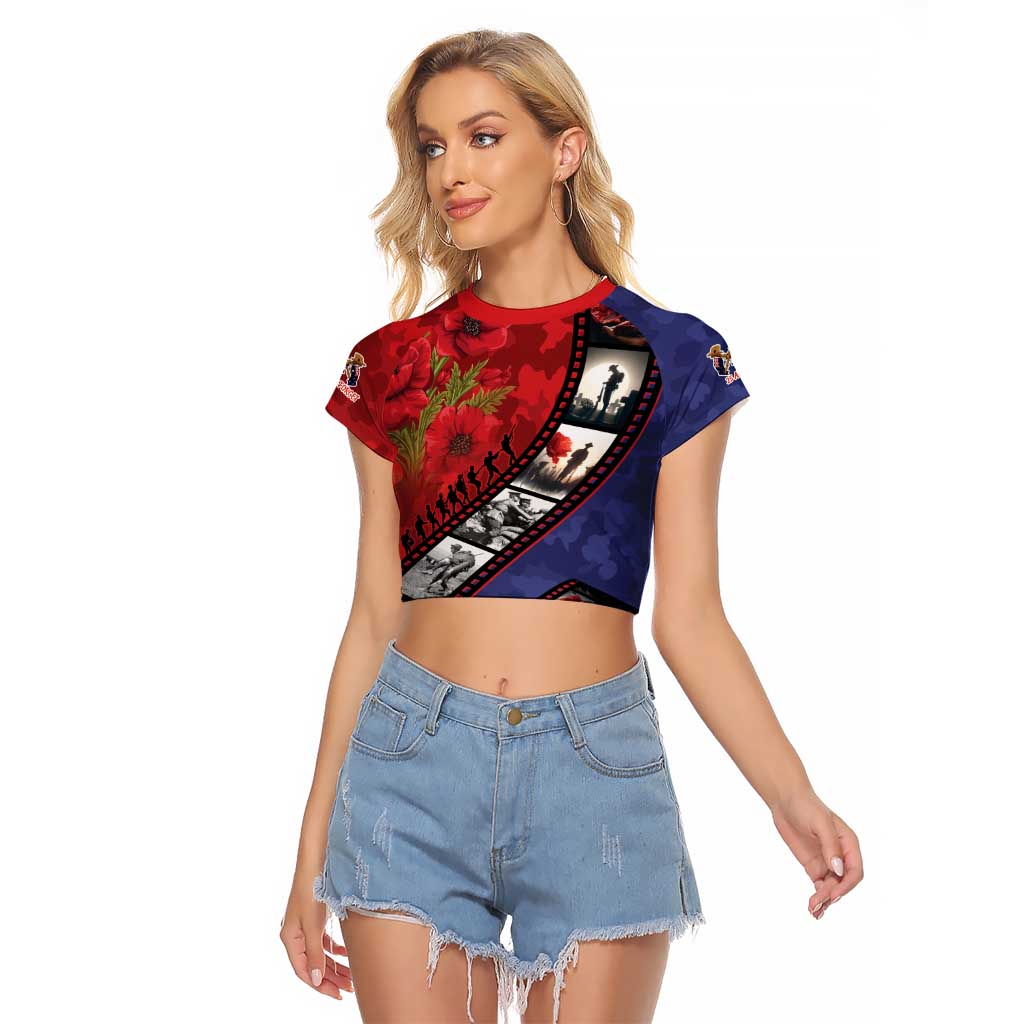 Personalised ANZAC Spirit 1915-2026 Filmstrip Tribute Raglan Cropped T Shirt Lest We Forget 25 April