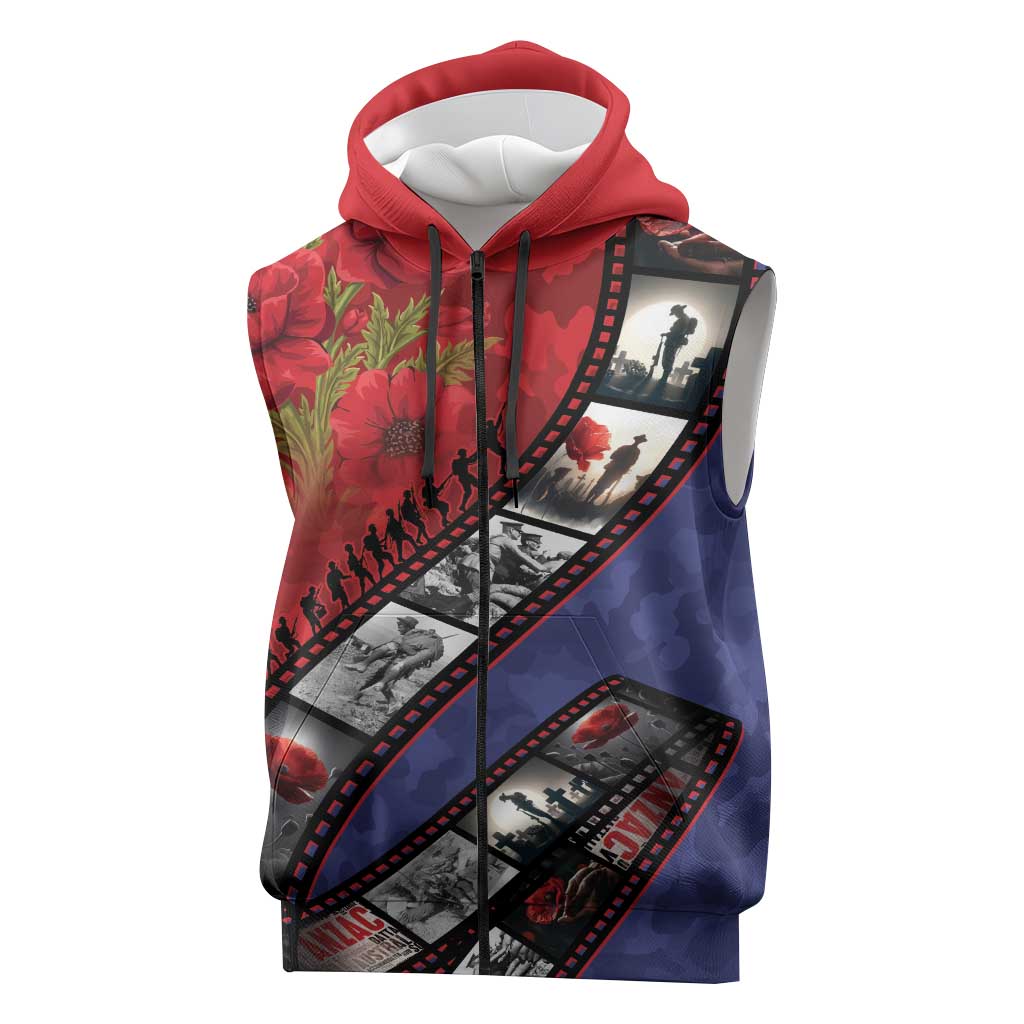 Personalised ANZAC Spirit 1915-2026 Filmstrip Tribute Sleeveless Zip Hoodie Lest We Forget 25 April LT9 Red - Polynesian Pride