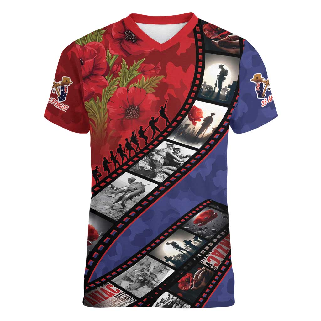 Personalised ANZAC Spirit 1915-2026 Filmstrip Tribute Women V-Neck T-Shirt Lest We Forget 25 April LT9 Female Red - Polynesian Pride