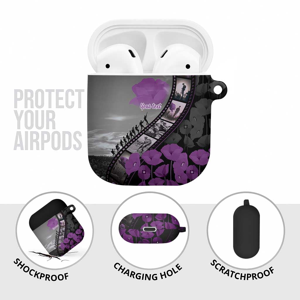 Personalised Remembering ANZAC Lest We Forget AirPods Case Vintage Film Frame Memorial Purple Poppy