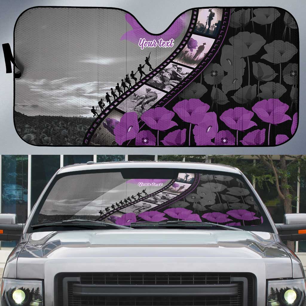 Personalised Remembering ANZAC Lest We Forget Auto Sun Shade Vintage Film Frame Memorial Purple Poppy