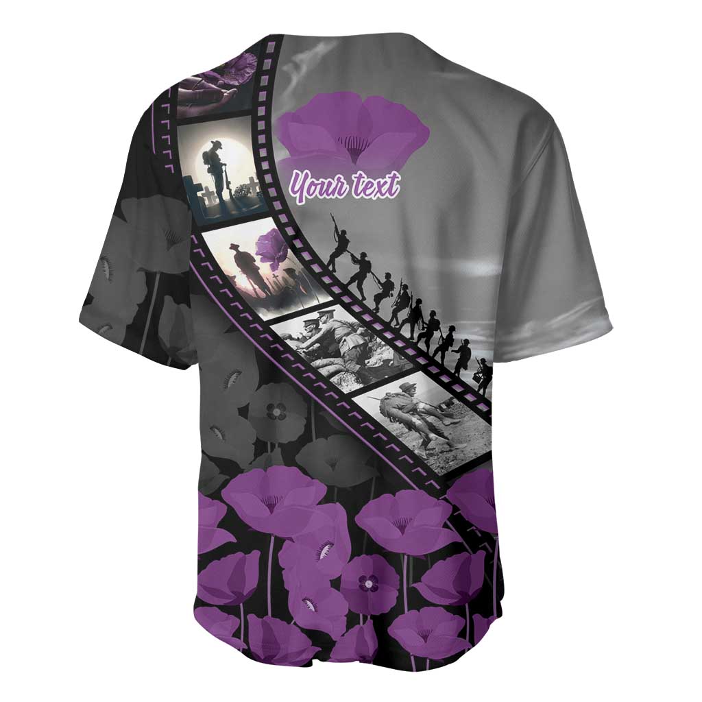 Personalised Remembering ANZAC Lest We Forget Baseball Jersey Vintage Film Frame Memorial Purple Poppy