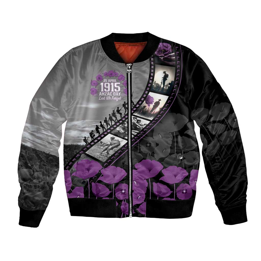 Personalised Remembering ANZAC Lest We Forget Bomber Jacket Vintage Film Frame Memorial Purple Poppy