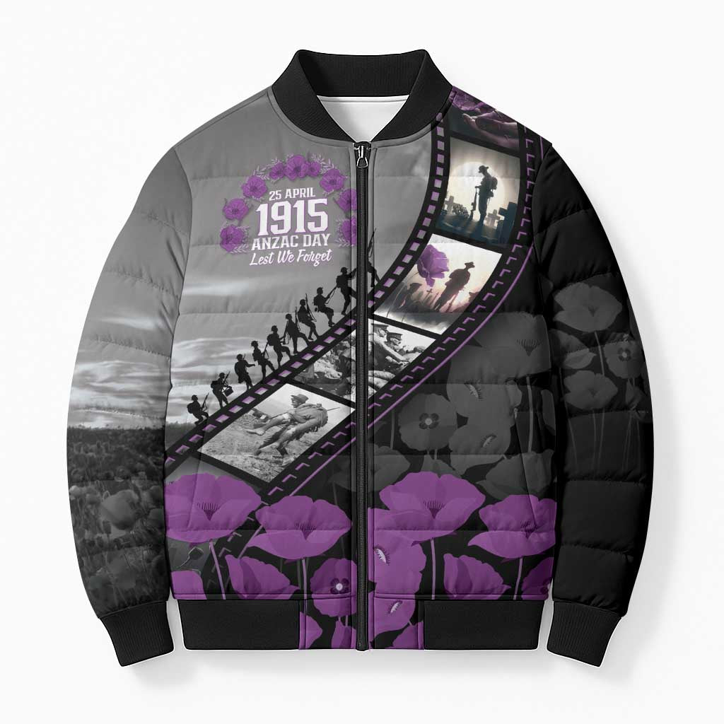 Personalised Remembering ANZAC Lest We Forget Bomber Puffer Jacket Vintage Film Frame Memorial Purple Poppy