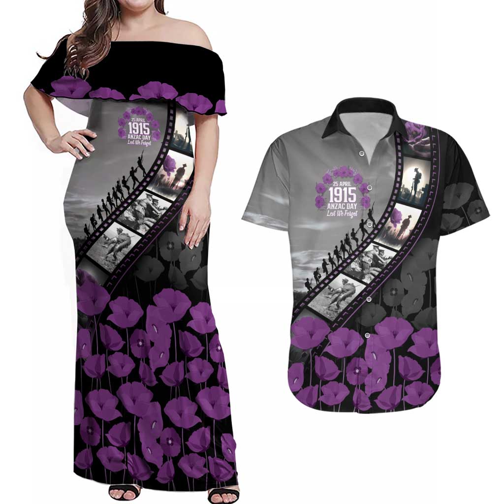 Personalised Remembering ANZAC Lest We Forget Couples Matching Off Shoulder Maxi Dress and Hawaiian Shirt Vintage Film Frame Memorial Purple Poppy LT9 Purple - Polynesian Pride