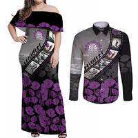 Personalised Remembering ANZAC Lest We Forget Couples Matching Off Shoulder Maxi Dress and Long Sleeve Button Shirt Vintage Film Frame Memorial Purple Poppy LT9 Purple - Polynesian Pride