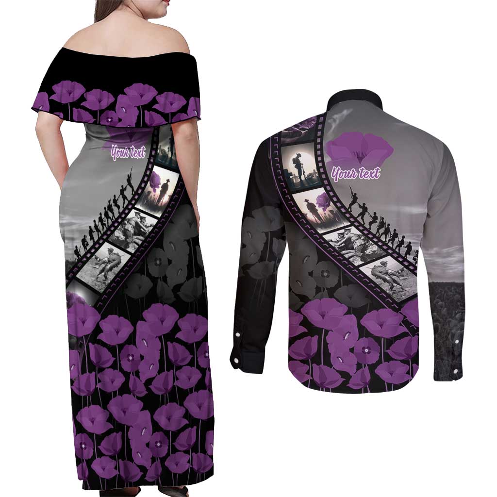 Personalised Remembering ANZAC Lest We Forget Couples Matching Off Shoulder Maxi Dress and Long Sleeve Button Shirt Vintage Film Frame Memorial Purple Poppy LT9 - Polynesian Pride