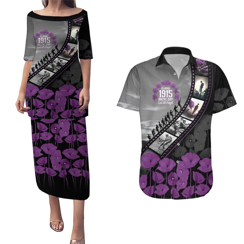 Personalised Remembering ANZAC Lest We Forget Couples Matching Puletasi and Hawaiian Shirt Vintage Film Frame Memorial Purple Poppy LT9 Purple - Polynesian Pride
