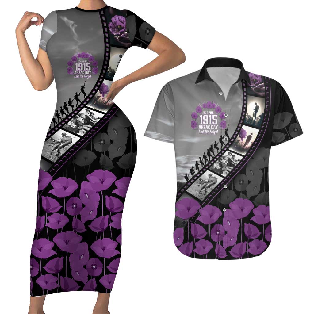 Personalised Remembering ANZAC Lest We Forget Couples Matching Short Sleeve Bodycon Dress and Hawaiian Shirt Vintage Film Frame Memorial Purple Poppy