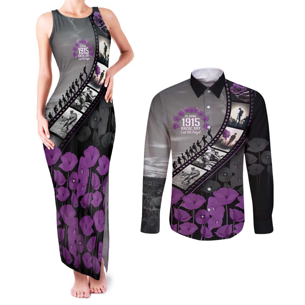 Personalised Remembering ANZAC Lest We Forget Couples Matching Tank Maxi Dress and Long Sleeve Button Shirt Vintage Film Frame Memorial Purple Poppy LT9 Purple - Polynesian Pride