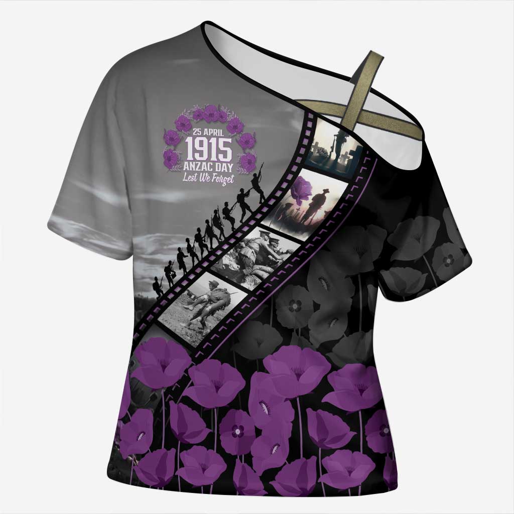 Personalised Remembering ANZAC Lest We Forget Cross Shoulder Shirt Vintage Film Frame Memorial Purple Poppy