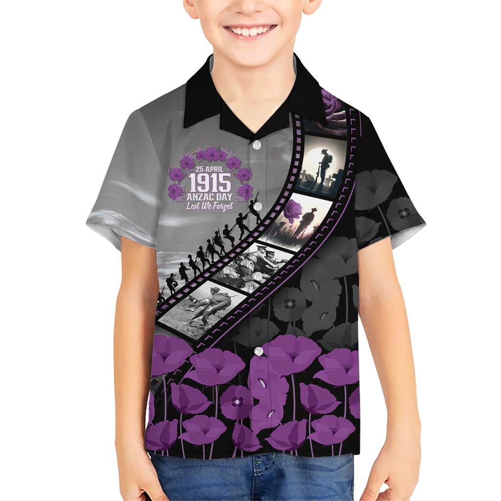 Personalised Remembering ANZAC Lest We Forget Family Matching Mermaid Dress and Hawaiian Shirt Vintage Film Frame Memorial Purple Poppy LT9 Son's Shirt Purple - Polynesian Pride