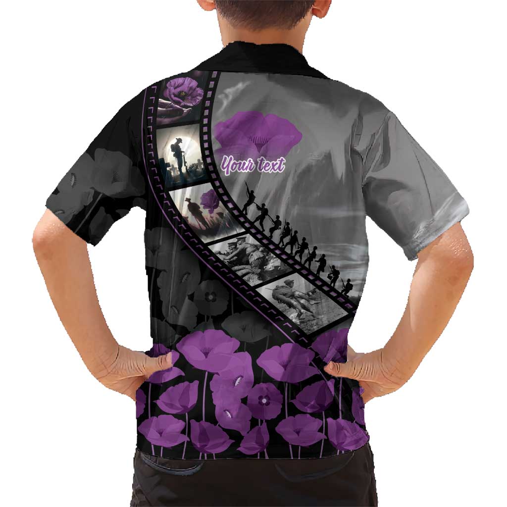 Personalised Remembering ANZAC Lest We Forget Family Matching Off The Shoulder Long Sleeve Dress and Hawaiian Shirt Vintage Film Frame Memorial Purple Poppy LT9 - Polynesian Pride