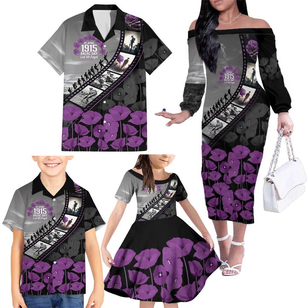 Personalised Remembering ANZAC Lest We Forget Family Matching Off The Shoulder Long Sleeve Dress and Hawaiian Shirt Vintage Film Frame Memorial Purple Poppy LT9 - Polynesian Pride