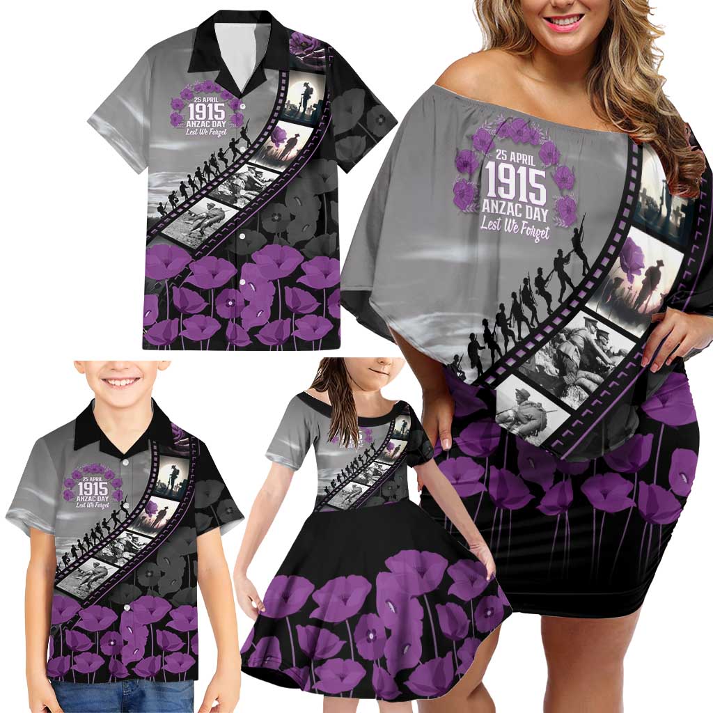 Personalised Remembering ANZAC Lest We Forget Family Matching Off Shoulder Short Dress and Hawaiian Shirt Vintage Film Frame Memorial Purple Poppy