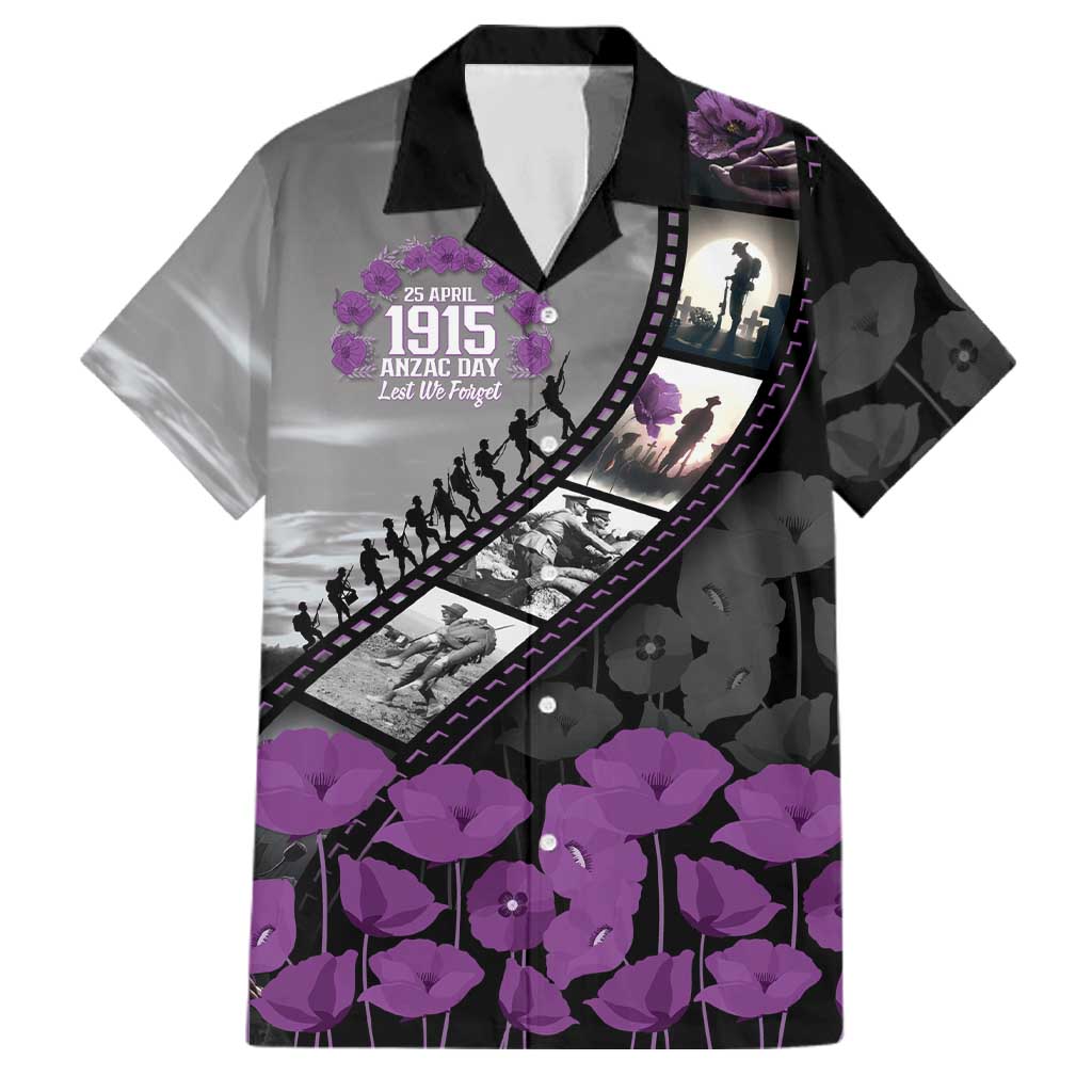 Personalised Remembering ANZAC Lest We Forget Family Matching Puletasi and Hawaiian Shirt Vintage Film Frame Memorial Purple Poppy LT9 Dad's Shirt - Short Sleeve Purple - Polynesian Pride